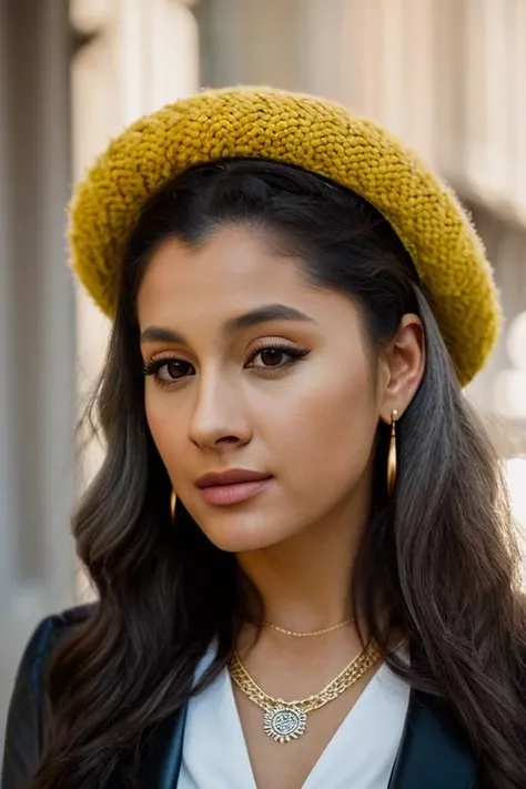 <lora:4r14n4s:0.9>, a Realistic portrait of 4r14n4s woman, 1girl, long hair, white hair, looking at viewer, yellow wool hat, jewelry, solo focus, necklace, bracelet, lips, grey eyes, ring, watch, realistic, professional Photography, Photorealistic, detailed eyes, RAW, analog, sharp focus, 8k, HD, DSLR, high quality, Fujifilm XT3, film grain, award winning, masterpiece