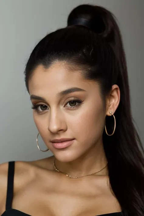 A woman with long hair wearing a black top and gold hoop earrings ...