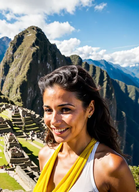 portrait of sks woman in Machu Picchu, with the ancient ruins in the background, by Flora Borsi, style by Flora Borsi, bold, bright colours, ((Flora Borsi)), by Dominique Issermann, <lora:locon_emanuellechriqui_v1_from_v1_64_32:1>