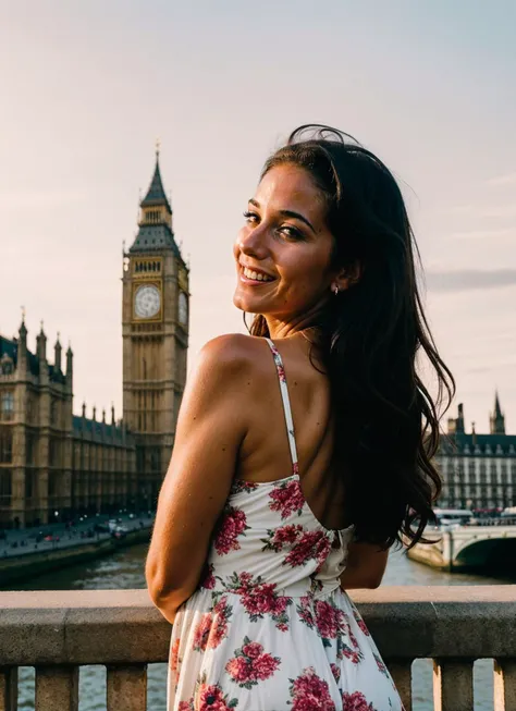 A stunning intricate full color portrait of (sks woman:1) in London, with Big Ben in the background, wearing Romper, epic character composition, sharp focus, natural lighting, subsurface scattering, f2, 35mm, film grain, , by Dorothea Lange, <lora:locon_emanuellechriqui_v1_from_v1_64_32:1>