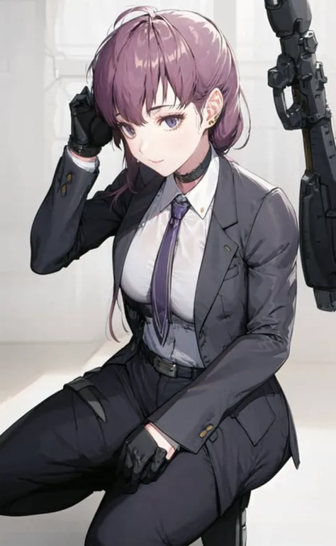 <lora:NIKKE_TetraLine_dolla_v1_epoch-000006:1:NP> best quality, ultra-detailed, dolla, 1girl, solo, long_hair, breasts, bangs, brown_hair, shirt, gloves, long_sleeves, closed_mouth,, purple_eyes, jacket, full_body, weapon, ponytail, purple_hair, white_shirt, ahoge, open_clothes, necktie, choker, black_gloves, belt, collared_shirt, pants, , black_footwear, open_jacket, black_jacket, , formal, black_pants, suit,, purple_necktie, earpiece, (one knee, :1.4) room, indoors, (looking at viewer:1.2),, (tilt head ,hand on own head:1.2),