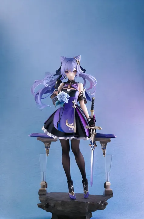 (best quality:1.4),(masterpiece:1.3),finely detailed,(realistic),1girl,keqing \(genshin impact\),solo,weapon,purple hair,gloves,pantyhose,hair bun,sword,holding weapon,twintails,full body,PVC figure,holding,long hair,holding sword,purple eyes,hair ornament,cone hair bun,dress,looking at viewer,black pantyhose,frills,detached sleeves,purple dress,white background,