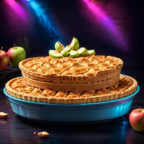 <lora:SwedishDessertsXL:1> ApplePie <lora:add-detail-xl:0.5> <lora:Food_Photography_-_Dark:0.5>, food photography, ad photography, promotional photography, neon lights, glowing neon lights, glowy textured backdrop, in dark studio background, dark and glow in background, cinematic lighting, minimal professional photography, soft lighting, spot light, studio lighting style, bright lighting, vibrant colors, 4k, (Masterpiece:1.3) (best quality:1.2) (high quality:1.1)