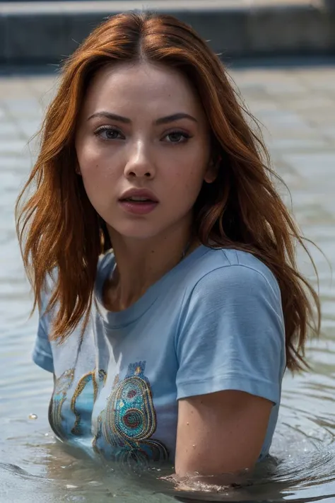 photo of S195_SophieLaSage,a beautiful woman,in a (water-drain:1.1),wearing a (t-shirt:1.1),(8k, RAW photo, best quality, depth of field, ultra high res:1.2),(absurdres, intricate, photorealistic, masterpiece, ultra-detailed:1.3),