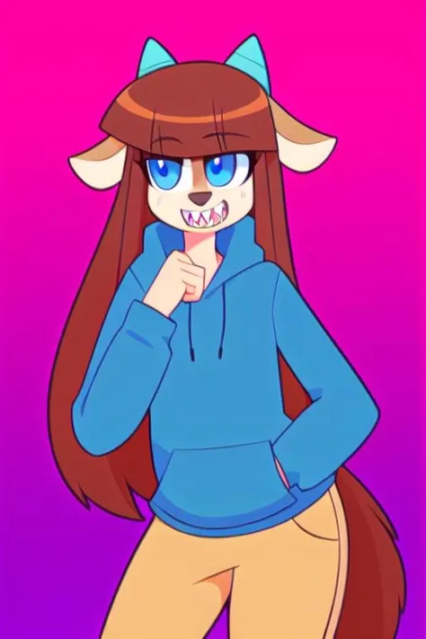 solo, full body, simple background, hi res, anthro, female, mammal, fur, (best quality, masterpiece), detailed, no humans, furry, (ShaiDE), long hair, brown hair, horn, mammal, blue eyes, tan fur, sharp teeth, hybrid, cattle, bovid, bovine, shiba inu, domestic dog, blue horns, 2 ears, 2 horns, clothed, grey hoodie, sweatpants, rating:safe <lora:shai-run1-mix:1>