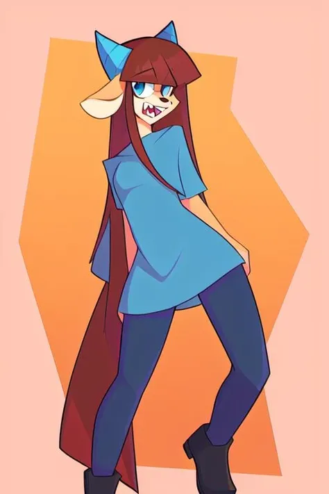 solo, full body, simple background, hi res, anthro, female, mammal, fur, (best quality, masterpiece), detailed, no humans, furry, (ShaiDE), long hair, brown hair, horn, mammal, blue eyes, tan fur, sharp teeth, hybrid, cattle, bovid, bovine, shiba inu, domestic dog, blue horns, 2 ears, 2 horns, clothed, shoulderless dress, rating:safe <lora:shai-run1-mix:1>