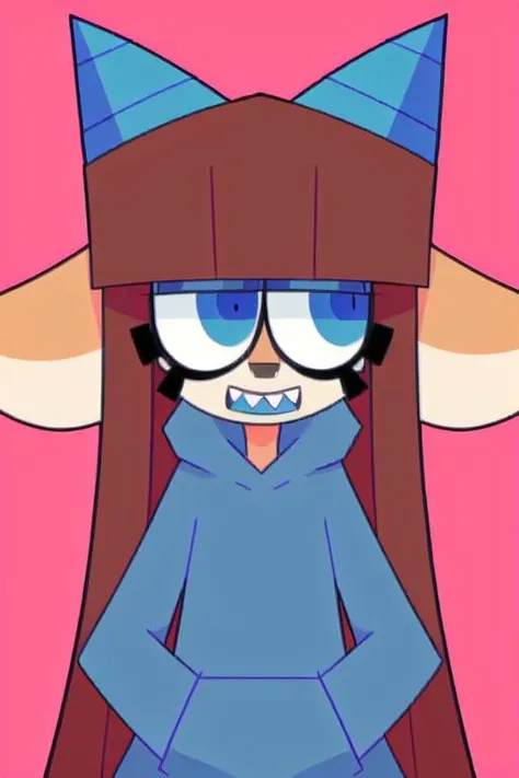 solo, full body, simple background, hi res, anthro, female, mammal, fur, (best quality, masterpiece), detailed, no humans, furry, (ShaiDE), long hair, brown hair, horn, mammal, blue eyes, tan fur, sharp teeth, hybrid, cattle, bovid, bovine, shiba inu, domestic dog, blue horns, 2 ears, 2 horns, clothed, grey hoodie, rating:safe <lora:shai-run1-mix:1.4>