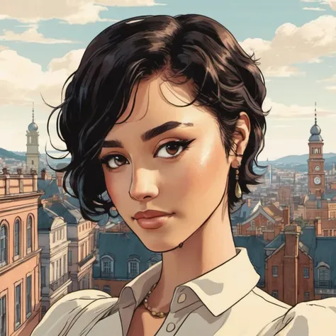 Studio ghibli style illustration of the face of a woman looking at the viewer with a victorian city square in the background, , tyxla, <lora:tyla_juggerX_xl_1_st_wocap-tyxla-000086:1>