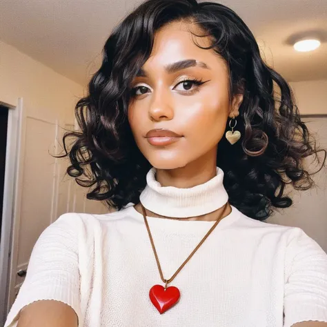 Looking straight at the camera, Film grain, skin texture, Instagram closeup selfie of a woman with beautiful wavy hair wearing a heart necklace,f/1.8,wearing a tutleneck shirt, , tyxla, <lora:tyla_juggerX_xl_1_st_wocap-tyxla-000086:1>