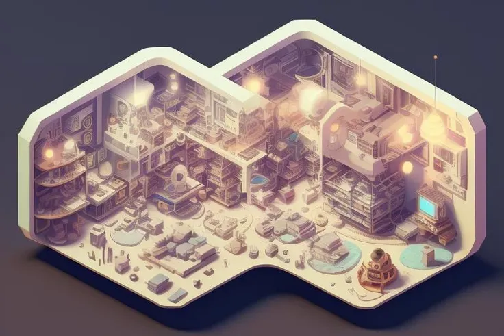 duskametrik isometric cutaway of a 1960s Australian household with pets and living room incredibly detailed vantablack background bokeh rim lighting duskametrik