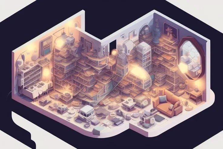 duskametrik isometric cutaway of a 1960s Australian household with pets and living room incredibly detailed vantablack background bokeh rim lighting duskametrik
