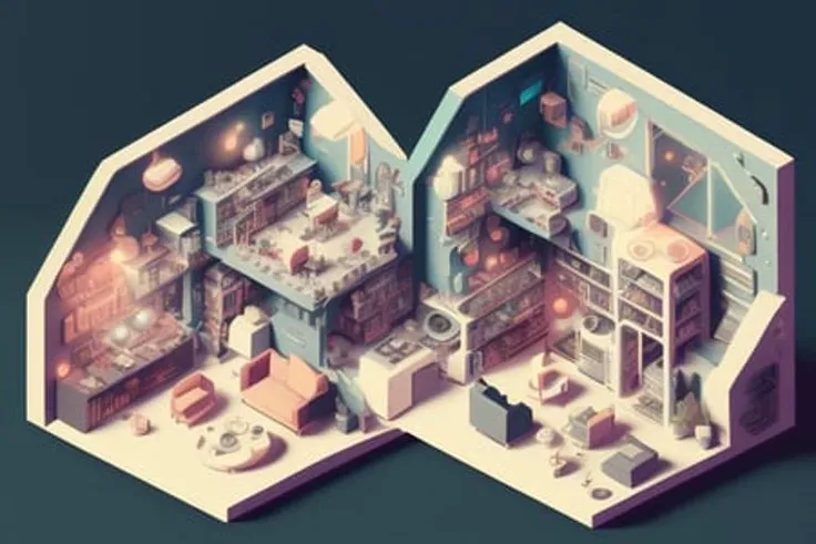 duskametrik isometric cutaway of a 1960s Australian household with pets and living room incredibly detailed vantablack background bokeh rim lighting duskametrik