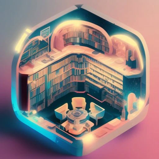 duskametrik, isometric cutaway of a cozy multistory library, cinematic lighting, bokeh, vaporwave elements, incredibly detailed, duskametrik