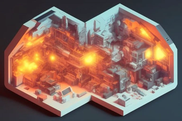 duskametrik isometric cutaway of a desktop computer thats on fire in the middle of winter incredibly detailed background bokeh rim lighting duskametrik