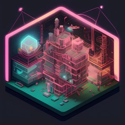 duskametrik isometric cutaway neon future buildings incredibly detailed black background dilapidated duskametrik