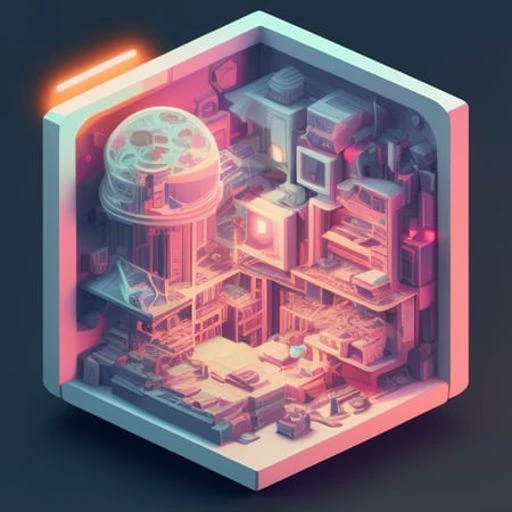 duskametrik isometric cutaway of a 1980s vaporwave poster cinematic lighting bokeh vaporwave elements incredibly detailed duskametrik