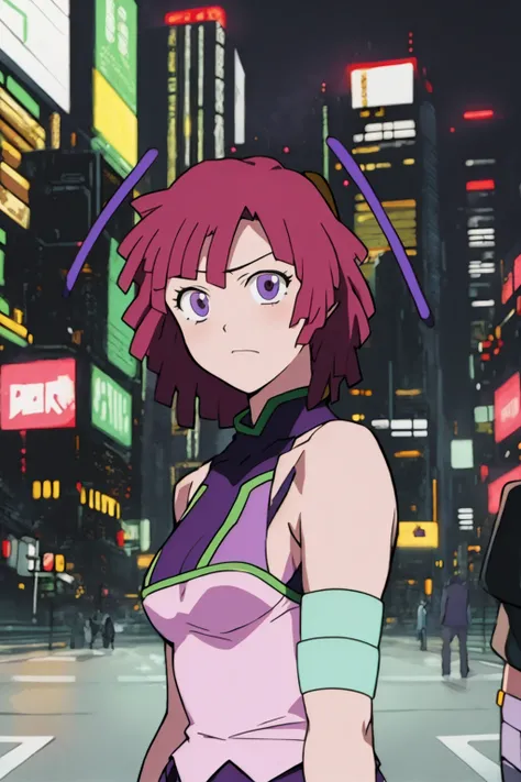 masterpiece, best quality, 1girl, leenatoros, red hair, short hair, purple eyes, antennae, pilot suit, upper body, looking at viewer, cyberpunk, solo, neon light, night, cyberpunk city background<lora:LeenaToros:1>