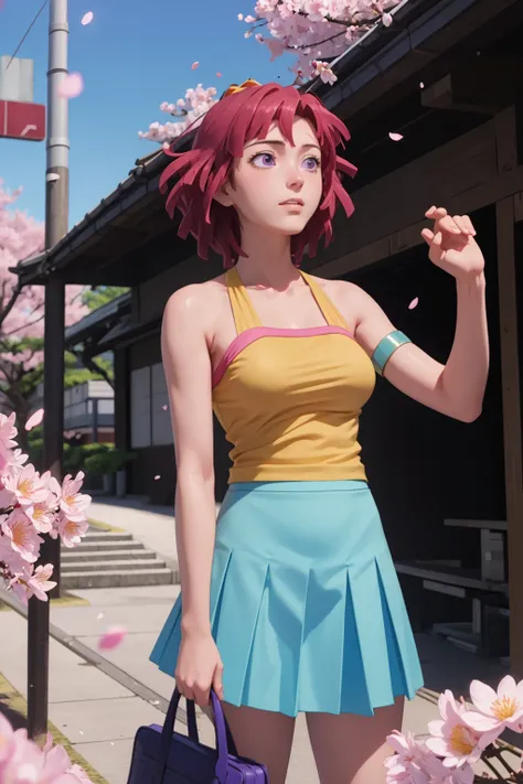 masterpiece, best quality, 1girl, leenatoros, red hair, short hair, purple eyes, bare shoulders, yellow shirt, skirt, solo, tokyo-iii, spring, atmospheric lighting, blue sky, sunray, sakura, flowing pink sakura petals <lora:LeenaToros:1>