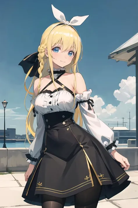 ultra detailed, masterpiece, best quality, outdoors,
solo, blue theme, soft smile, light smile, cowboy shot,
1girl, blue eyes, very long hair, (blonde hair:1.35), long blonde hair, french braid, bangs, medium breasts,
hair ribbon, frilled choker, criss-cross halter, sleeveless dress, high-waist skirt, backless dress, waist bow, detached sleeves, frilled sleeves, wide sleeves, black pantyhose, patterned legwear, mary janes, <lora:Tsuji_santa_v2:0.75> Tsuji Santa,