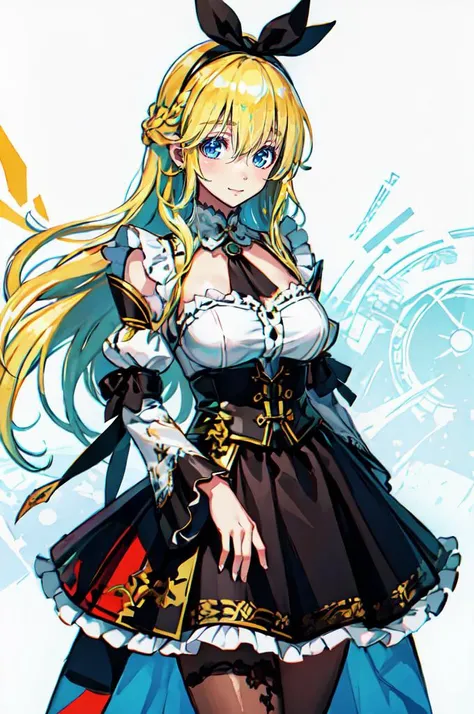 ultra detailed, masterpiece, best quality,
solo, cowboy shot, soft smile, light smile,
1girl, blue eyes, very long hair, blonde hair, long blonde hair, french braid, bangs, medium breasts,
hair ribbon, frilled choker, criss-cross halter, sleeveless dress, high-waist skirt, backless dress, waist bow, detached sleeves, frilled sleeves, wide sleeves, pantyhose, patterned legwear, mary janes, <lora:Tsuji_768-v3:1> Tsuji Santa,