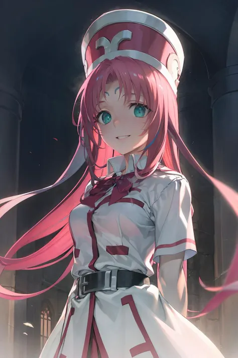 masterpiece, best quality,  <lora:daji:0.8>,outdoors,facial mark,walking,1girl,grin, school uniform,solo,pink hair,long hair,very long hair,green eyes, hat,