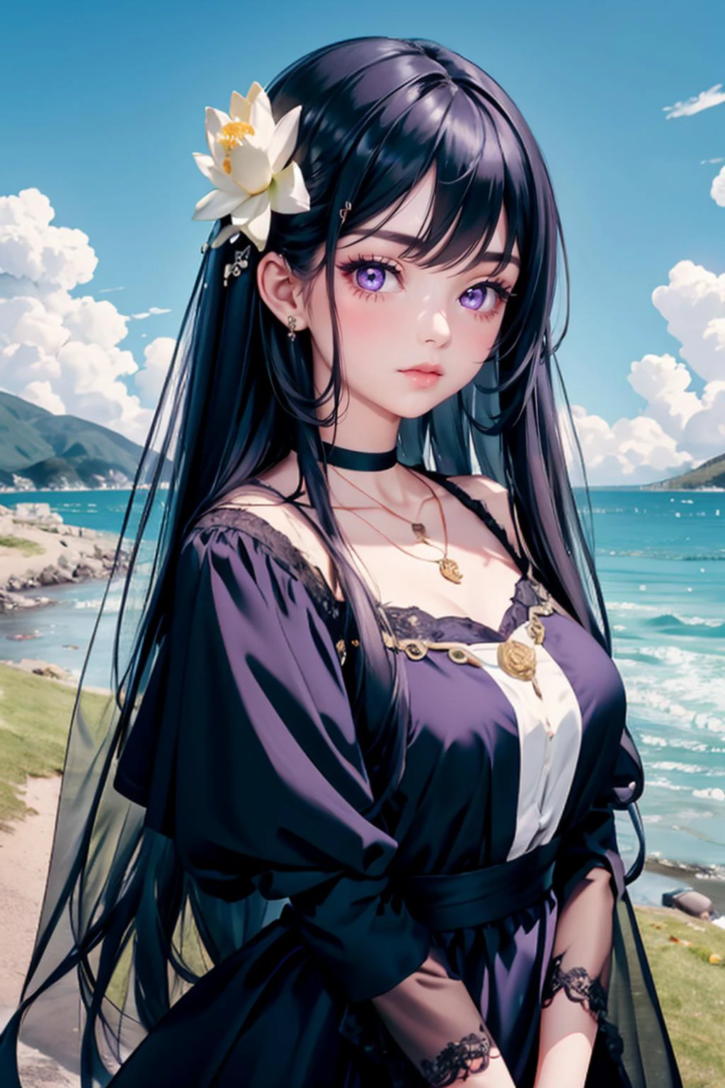 1girl,solo,mouth veil,dress,jewelry,purple dress,necklace,hair ornament,realistic,
mountainous horizon,ocean,petals,grass,ghost,lotus,magic circle,blue fire,
purple eyes,
upper body,<lora:ä¸å¡å°å¥³:1>,1girl,long_hair,