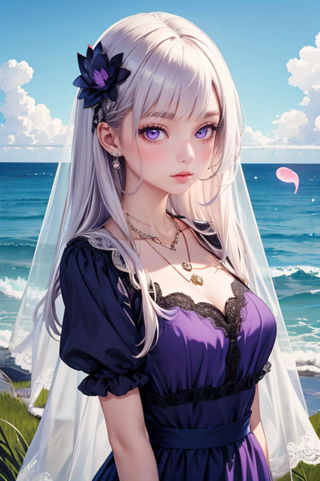 1girl,solo,mouth veil,dress,jewelry,purple dress,necklace,hair ornament,realistic,
mountainous horizon,ocean,petals,grass,ghost,lotus,magic circle,blue fire,
purple eyes,
upper body,<lora:ä¸å¡å°å¥³:0.6>, 1girl,long_hair,