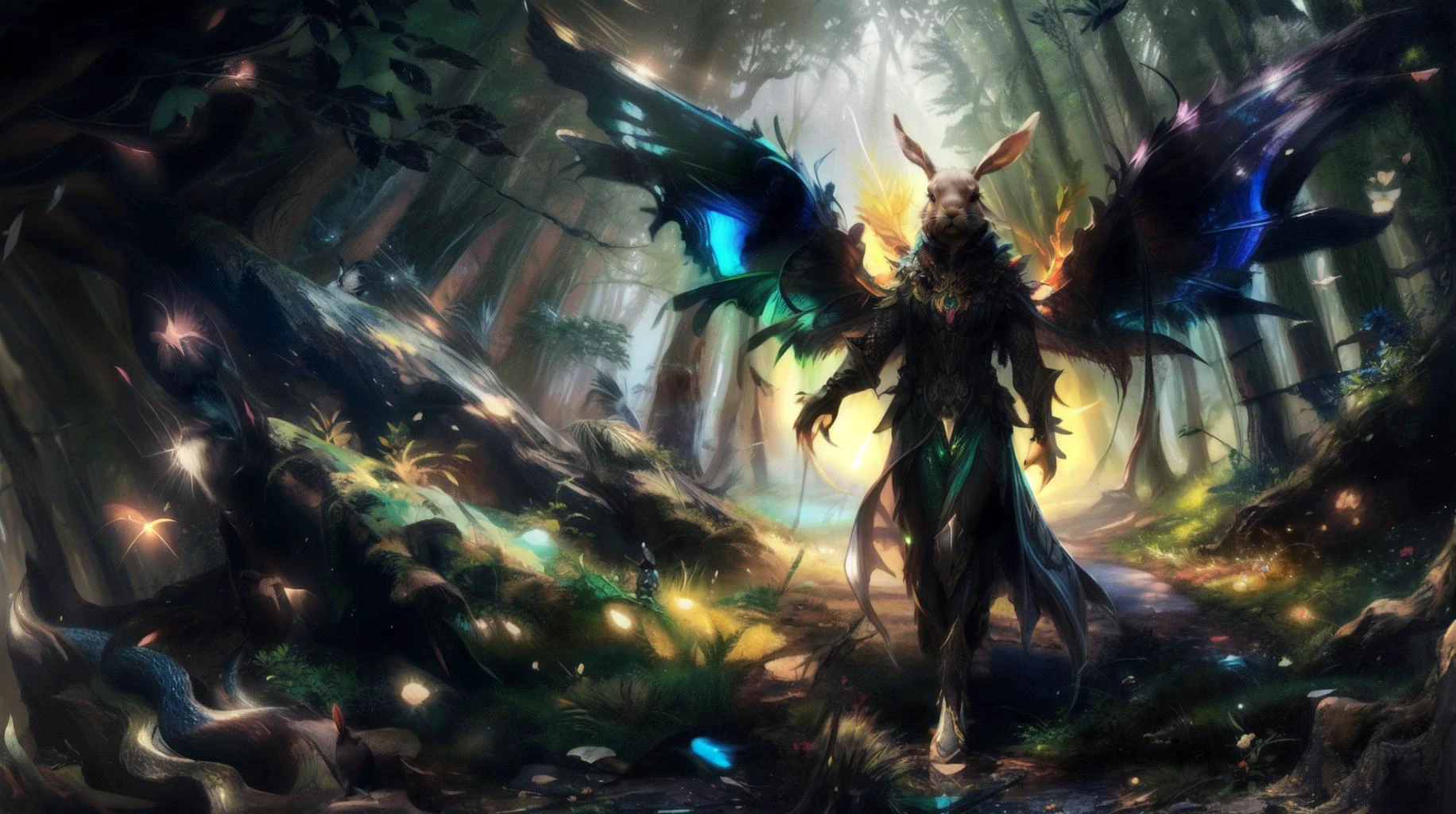 (masterpiece, best quality, fullscreen), [(full body:1.4)::0.8] portrait (photo of a small vegetal [elemental:vegetal creature:0.6] Trailing in a lush forest:1.5), <lora:EYES snake-eyes:0.6> (snake eyes:1.1), (Poreous Fluorescent skin:1.4), (two Rose Madder Composite flowers on the head:1.1), (Man body shape:1.3), (Rabbit head:1.3), (Butterfly Wings:1.1), <lora:EFFECT flower_wingÃ¨Å Â±.safetensors:0.4> (flower wings:1.1), <lora:EFFECT NatureMagic:0.4> (naturemagic, MAGICAL ENERGY:1.2), <lora:EFFECT CSQ insect jewelry-000008:0.5> (Butterfly:1.1), <lora:MONSTER RPGHaroorahk.safetensors:0.4> (haroorahk:1.1), <lora:EFFECT Gloomifier_V2_TheGlow:-0.6>, <lora:BACKGROUND nighcore:0.5>, <lora:BACKGROUND Scene_SS.safetensors:0.3>, (Golden Hour lighting:1.1), , (neutral posture:1.6), (facing the viewer:1.4), (looking at the viewer:1.3), <lora:EFFECT gl0w1ngR3Civit.safetensors:0.3> (gl0w1ngR:1.3), , (Full body Shot, Shallow Focus Shot, Low Angle Shot:[1.2:0.5:0.1]), <lora:LIGHT NOISEOFFSET_V2_BY_STABLE_YOGI:0.4> low key, dark, dimly lit, <lora:LIGHT ALL IN ONE LORA HD v1:0.6>, <lora:QUALITY kkw-better-v1.0a:0.3>, , heavily detailed, gloomy, , (sharp focus), <lora:QUALITY pearlescent-05:0.8> (pearlescent:1), <lora:BUILDING German_architecture_last:0.6>, (no humans), (embedding:VIEW_Style-GHL), tricate, elegant, highly detailed, wonderful eyes, sweet, digital painting, artstation, concept art, smooth, sharp focus, illustration, art by Tom Bagshaw, Artgerm and Greg Rutkowski, Trending artstation, pixiv, digital Art