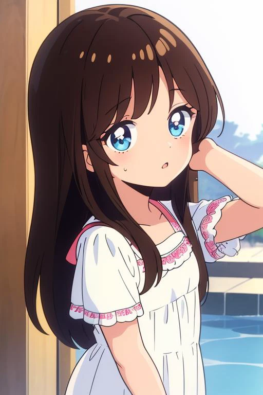 masterpiece, best quality,girl,ultra detail,petite,NonomuraAmi, long_hair, brown_hair, blue_eyes, bangs, brown_hair, black_hair, <lora:NonomuraAmi_BeMybaby_Ver2:0.7>1980style,wet white blouse