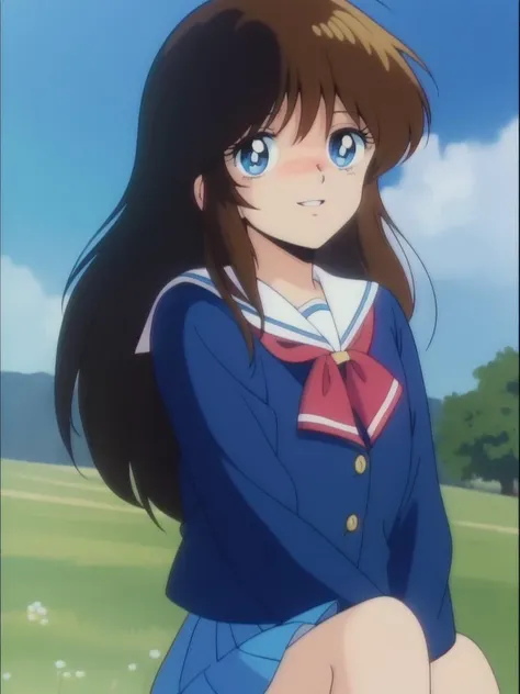 <lora:NonomuraAmi_BeMybaby_Ver2:0.8> NonomuraAmi, brown_hair,  blue_eyes,  bangs, brown_black_hair, long hair, cowboy Shot, smile, blush,
1girl, solo, school uniform, skirt, blue sky,
1980s \(style\), anime, anime_screencap, animated gif, mp4 ,video, animated, 
retro artstyle,