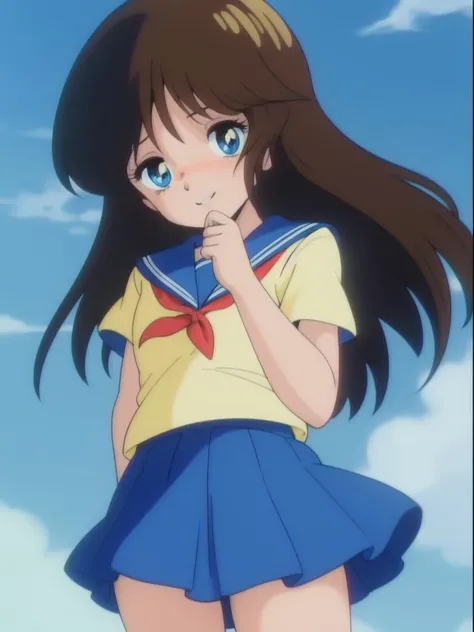 <lora:NonomuraAmi_BeMybaby_Ver2:0.8> NonomuraAmi, brown_hair, blue_eyes, bangs, brown_black_hair, long hair, cowboy Shot, smile, blush,
1girl, solo, school uniform, skirt, blue sky,
1980s \(style\), anime, anime_screencap, animated gif, mp4 ,video, animated,
retro artstyle,