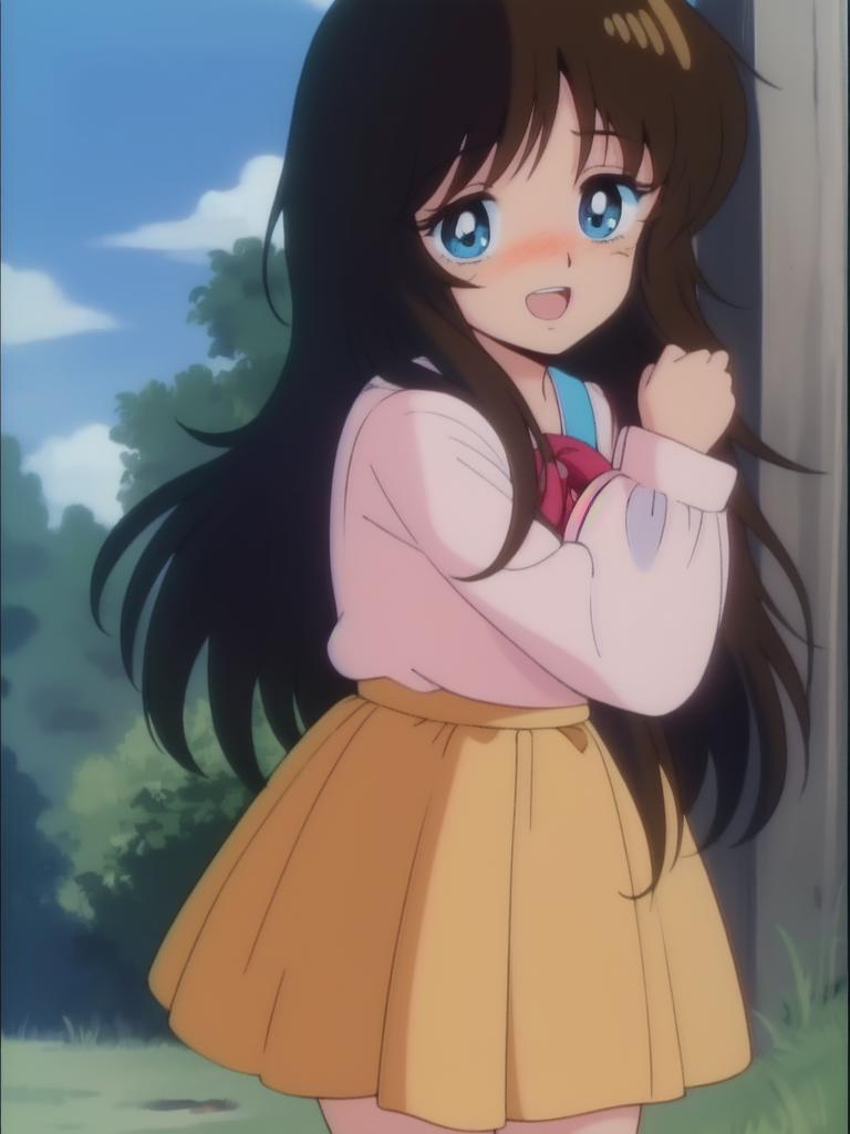 Anime girl with long black hair and blue eyes in a yellow skirt - SeaArt AI