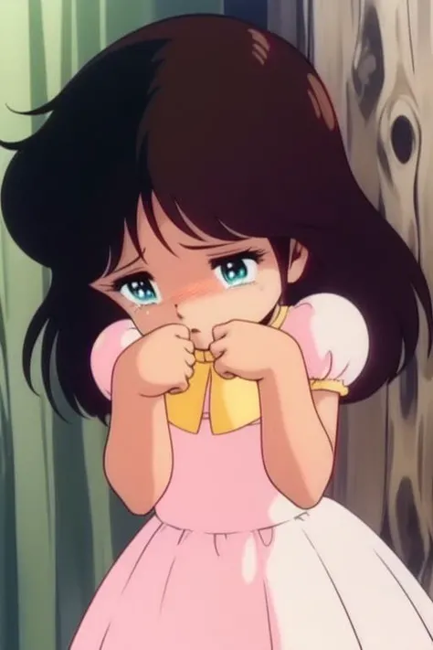 <lora:NonomuraAmi_BeMybaby:1>NonomuraAmi, 1girl, solo, sad, retro artstyle, dress, short sleeves, puffy sleeves, upper body, tears, puffy short sleeves, 1980s (style), child,