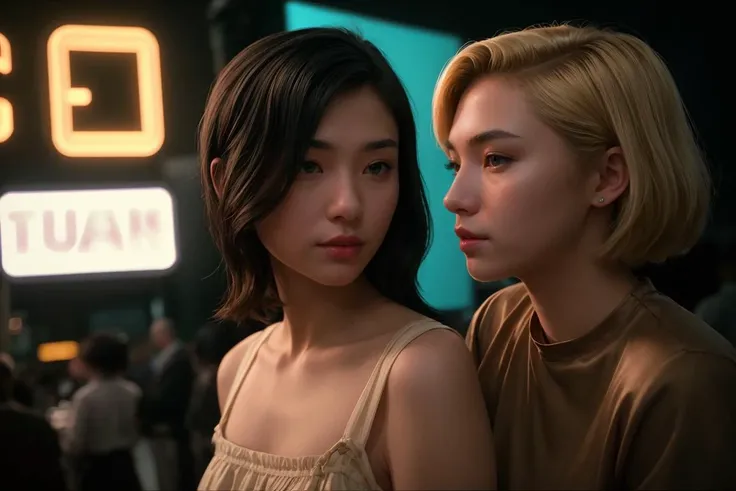 2girls, lovers, short blonde undercut hairstyle, long black hair,
film still, professional cinematography, ultrarealistic, shot on Fujifilm XT-5, Sundance Film Festival Grand Jury prize, masterpiece, 8k, uhd, hdr, dynamic, dim lighting,
night, intimate
 <lora:LORA-XenoDetailer-v3A:0.2> <lora:DirectedByWKW_v1:1>