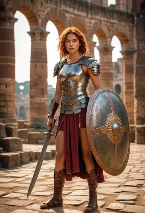 (medium full shot) of (formidable gladiator) young woman, spanish, tan skin, hazel eyes, willowy build, red hair, secutor, wearing smooth helmet, manica on right arm, leather greaves, holding a gladius sword and a large rectangular shield, set in ancient rome era, in an ancient colosseum, with towering stone arches, rows of weathered stone benches, and a grand arena floor surrounded by imposing walls, at dawn, woman smiling, Masterpiece,best quality, photo, realistic, very aesthetic, detailed face,