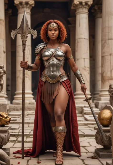 (medium full shot) of (formidable gladiator) young woman, black american, dark skin, black eyes, curvy build, red hair, retiarius, wearing Arm guard on left arm, galerus on left shoulder, leather greaves, loincloth, holding a trident and a weighted net, set in ancient Rome, in a majestic temple, with golden statues, grand archways, and a central altar adorned with offerings and incense , at dusk, woman smiling, Masterpiece,best quality, photo, realistic, very aesthetic, detailed face,