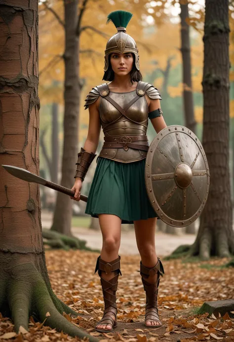 (medium full shot) of (formidable gladiator) young woman, italian, tan skin, dark green eyes, Medium build, dark hair,  hoplomachus, wearing Short tunic, bronze gladiator helmet, arm guard on right arm, wide leather belt, bronze greaves, thick-soled sandals, holding a spear and a small round shield , set in ancient rome era, in  a serene forest, with towering pine trees, a carpet of fallen leaves, and rustic wooden benches scattered among the trees, at dusk, woman smiling, Masterpiece,best quality, photo, realistic, very aesthetic, detailed face,