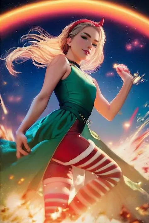 score_9, score_8_up, score_7_up, photorealistic, night, starry sky, indirect lighting, colorful lighting, magical, rainbow explosion, raging fire,
<lora:StaButty_XL:1>StaButty, 1girl, blond hair, blue eyes, young, thin body, athletic body, red devil horn headband, green dress, sleeveless, pink and white striped leggings,