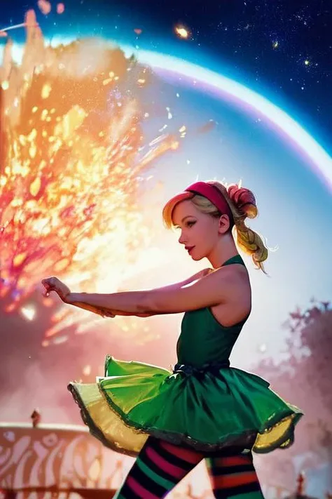 score_9, score_8_up, score_7_up, photorealistic, night, starry sky, indirect lighting, colorful lighting, magical, rainbow explosion,  
 <lora:StaButty_XL:1>StaButty, 1girl, blond hair, blue eyes, young, thin body, athletic body, red devil horn headband, green dress, sleeveless, pink and white striped leggings, dancing,