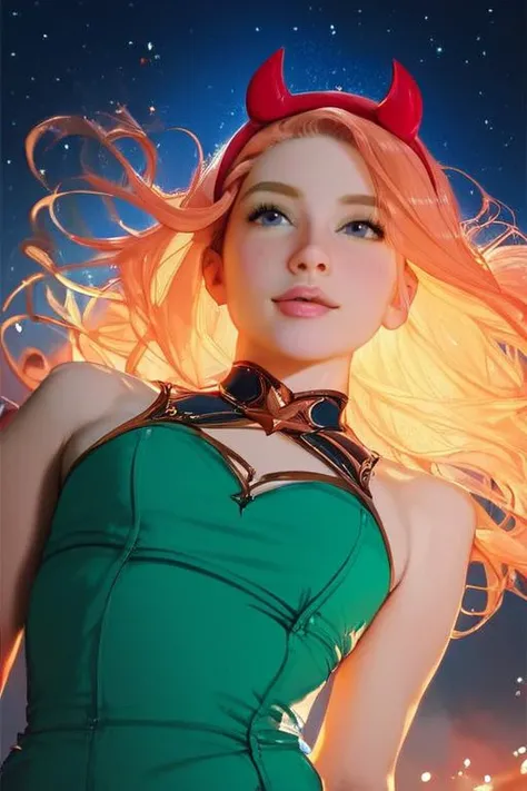 score_9, score_8_up, score_7_up, photorealistic, night, starry sky, indirect lighting, colorful lighting, magical, rainbow explosion,
<lora:StaButty_XL:1>StaButty, 1girl, long blond hair, blue eyes, young, thin body, athletic body, red devil horn headband, green dress, sleeveless, pink striped leggings,
<lora:moonhaloxl:1>