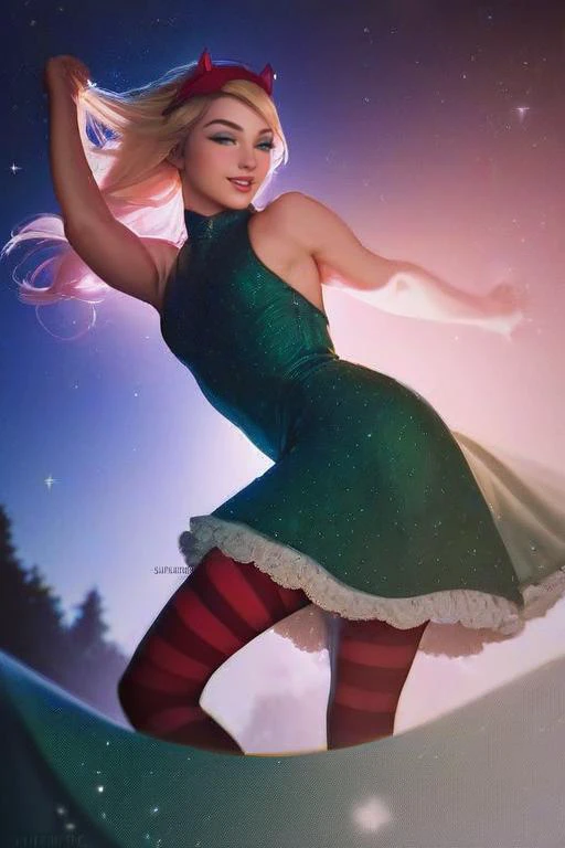 score_9, score_8_up, score_7_up, photorealistic, night, starry sky, indirect lighting, colorful lighting, magical, 
 <lora:StaButty_XL:1>StaButty, 1girl, blond hair, blue eyes, thin body, athletic body, red devil horn headband, green dinosaur dress, sleeveless, pink and white striped leggings, dancing,