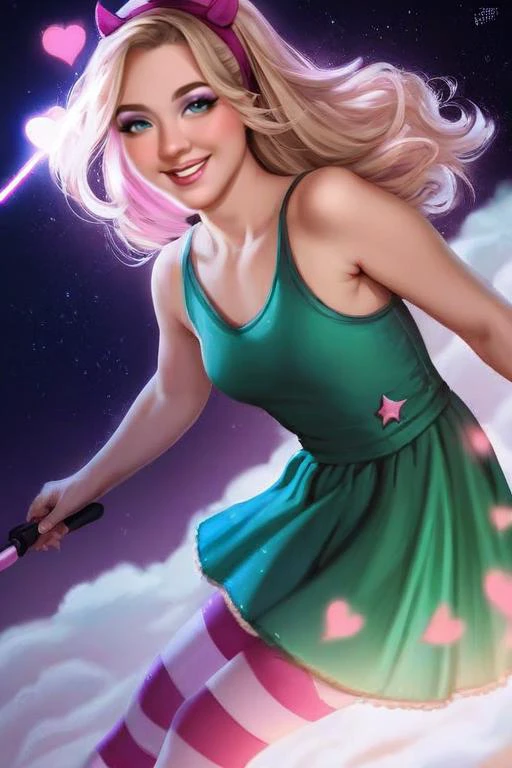 score_9, score_8_up, score_7_up, photorealistic, night, starry sky, indirect lighting, colorful lighting,
<lora:StaButty_XL:1>StaButty, <lora:add-detail-xl:3>,
1girl, blond hair, blue eyes, pink hearts on cheeks, thin body, athletic body, devil horn headband, green dinosaur dress, sleeveless, pink white striped leggings, magic wand, twirling, smiling, laughing,