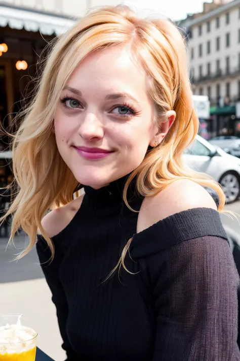 elisabethM1 piercing eyes, looking straight, very happy,long hair, wearing an off-shoulder sweater, choker, closeup portrait, in a outdoor cafe in 2015, afternoon light