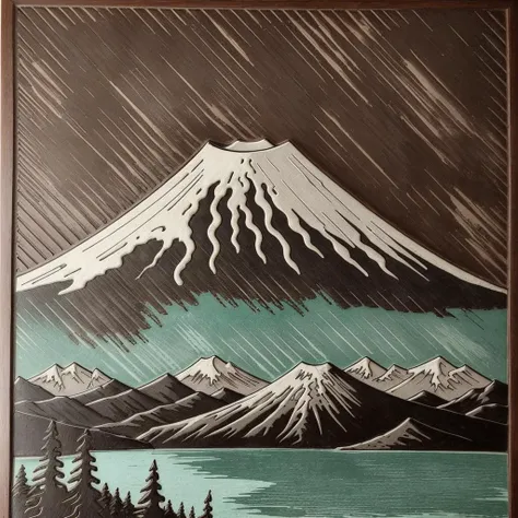 woodcut of mount fuji by Coffee_Patina <lora:Coffee_Patina:1>