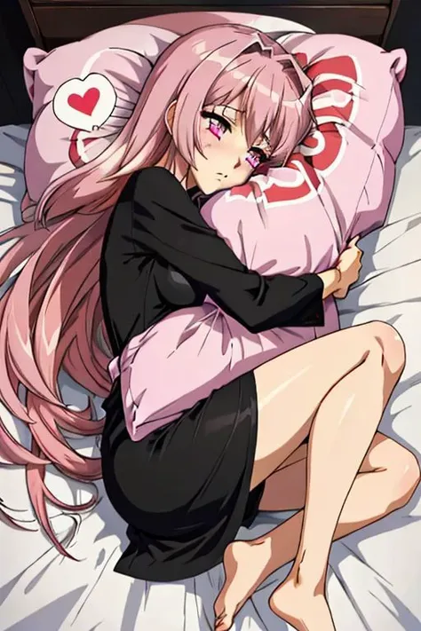 anime,  1girl, pink long hair, pink eyes, goth makeup, black short nightgown, flowing hair, small boobs, barefoots, embarrassed face,  pillow hug, yes-pillow, spoken heart, pillow hug, lying, from side