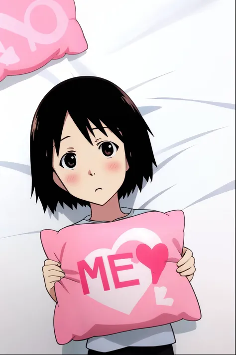 <lora:nhk_misaki_lora_0:0.75>, nakahara misaki, short hair, black hair, brown eyes, black eyes, blush, <lora:pillow_v2:1>, white pillow, holding pillow, lying, bed,