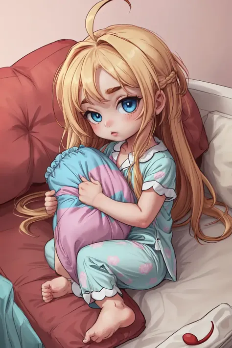 (AS-YoungestV2:1.3), (detailed eyes:1.3), Beautiful Lighting, (1girl:(Thick thighs:0.8), blue  eyes, blonde hair, absurdly long hair, ahoge, eyebrows visible through hair), (real skin), <lora:l - L| :0.8>,
indoors, on couch, (Pajamas:1.2), holding pillow, 
 <lora:pillow_v3:1>, pillow hug, lying, from side,