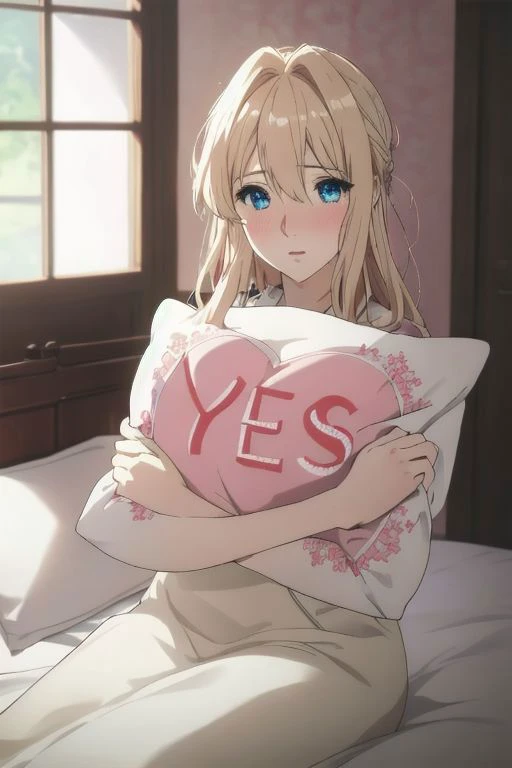 Violet Evergarden, beautiful face, white-coloured skin,blond hair, blue eyes,nude,I'm not dressed.,nude,nude,
masterpiece, best quality, absurdres, ultra-detailed, indoors, door, bedroom, on bed,
, holding pillow, yes-pillow, 1girl, solo, embarrassed, full-face blush, sitting,
The pillow says YES.,Pillow with "YES" printed in large letters,