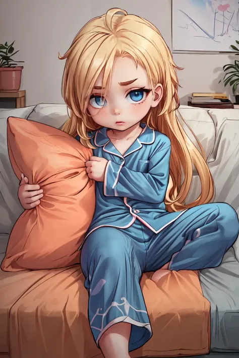 (AS-YoungestV2:1.3), (detailed eyes:1.3), Beautiful Lighting, (1girl:(Thick thighs:0.8), blue  eyes, blonde hair, absurdly long hair, ahoge, eyebrows visible through hair), (real skin), <lora:l - L| :0.8>,
indoors, on couch, (Pajamas:1.2), holding pillow, 
 <lora:pillow_v3:1>, pillow hug, lying, from side,