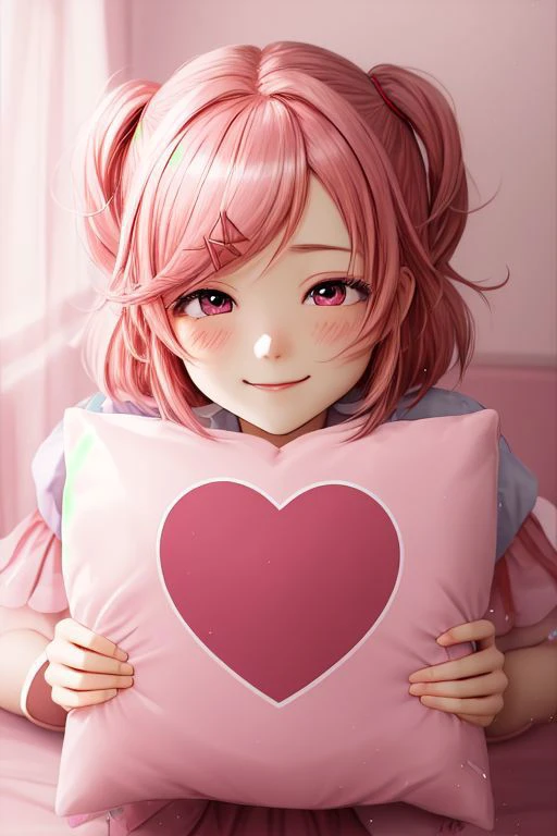 Natsuki, doki doki literature club, shiny smile, Pillow, cuddling pillow, 1 girl, pink hair, face focus, fancy details, heart particles, high-detailed eyes, hair ornament, x hair ornament, pink eyes, sly smile, heart-shaped pillow,